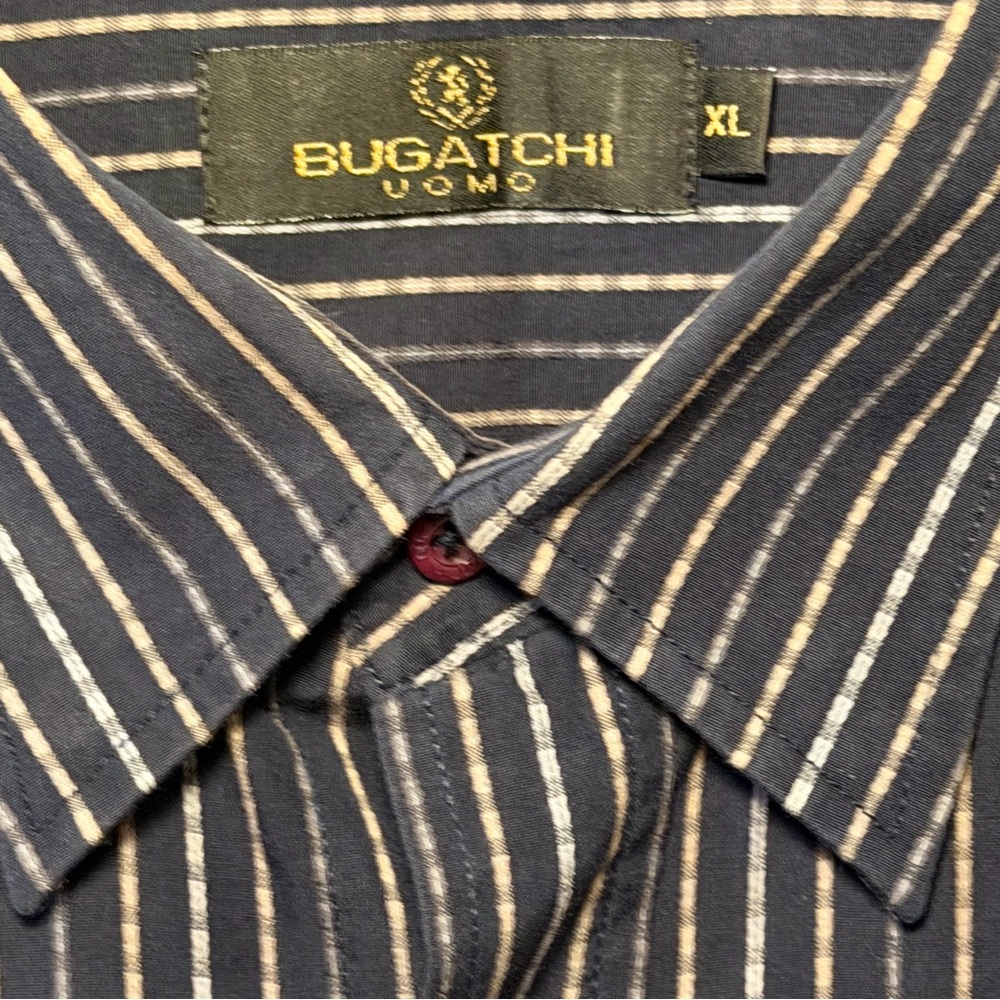 Bugatchi Uomo Men's Blue Cotton Striped Long Sleeve Shirt French Cuffs - Picture 3 of 8